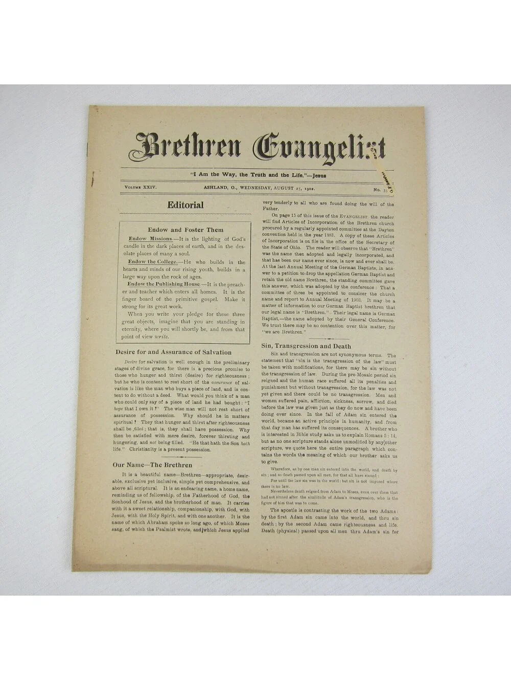 Brethren Evangelist Christian Newspaper Ashland Ohio Antique August 27th 1902